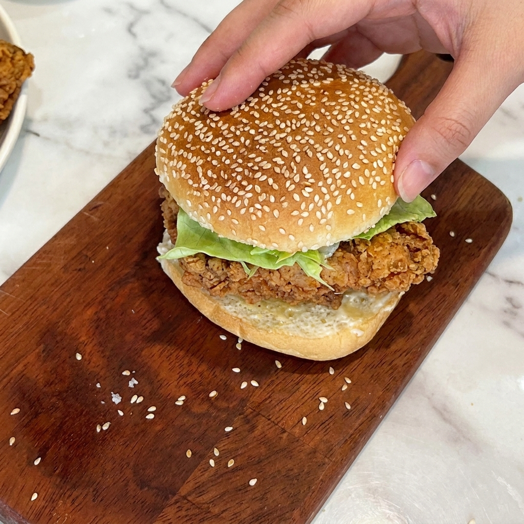 Colocando la parte superior del pan sobre la hamburguesa.