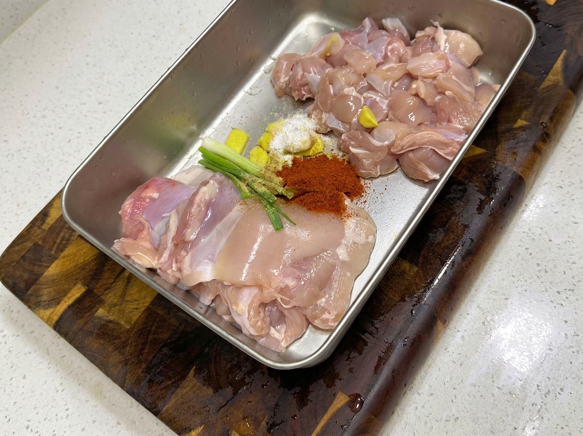 Pollo troceado crudo en una bandeja metálica con aromáticos y condimentos listos para mezclar.