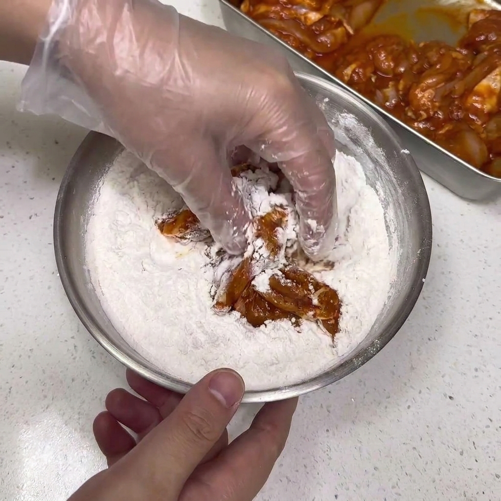 Trozos de pollo marinado cubiertos en harina condimentada dentro de un cuenco.