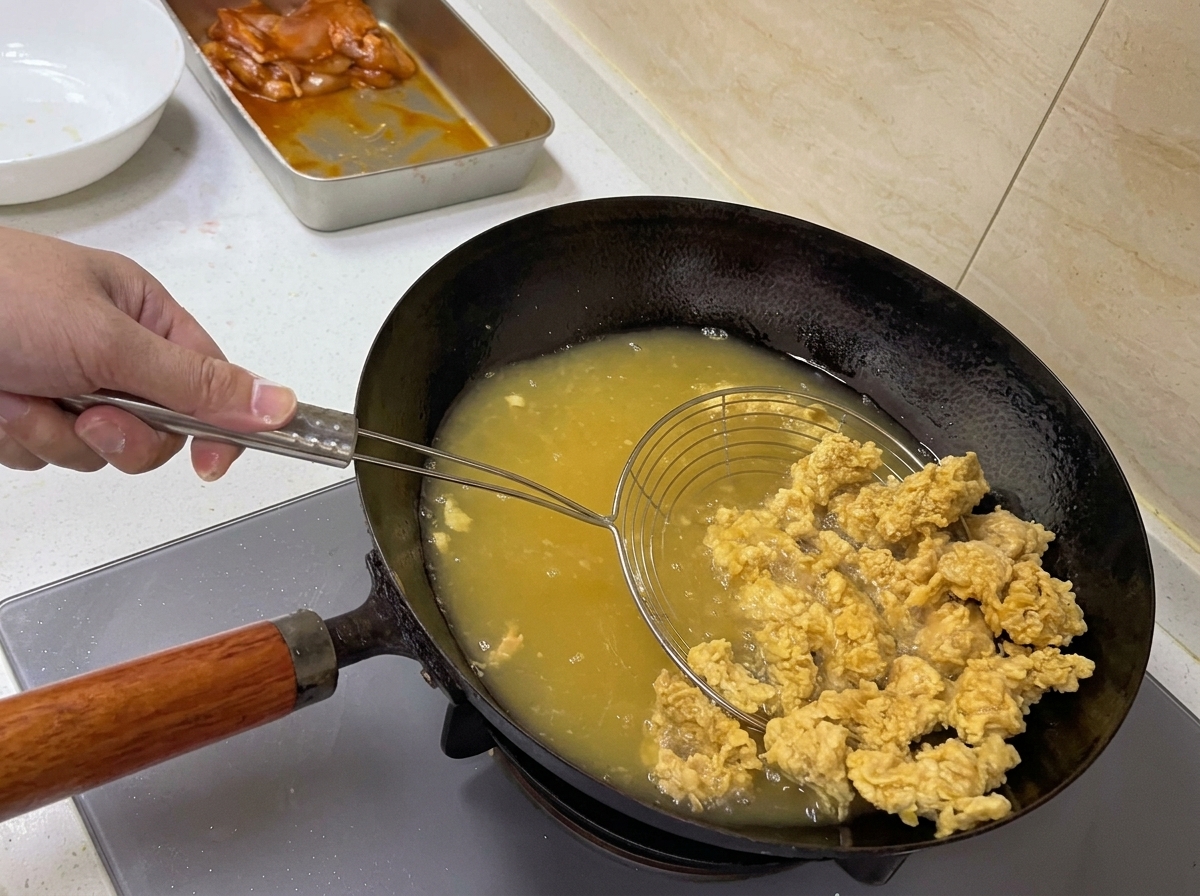 Una mano usando una espumadera para sacar trozos de pollo frito dorados del aceite caliente.