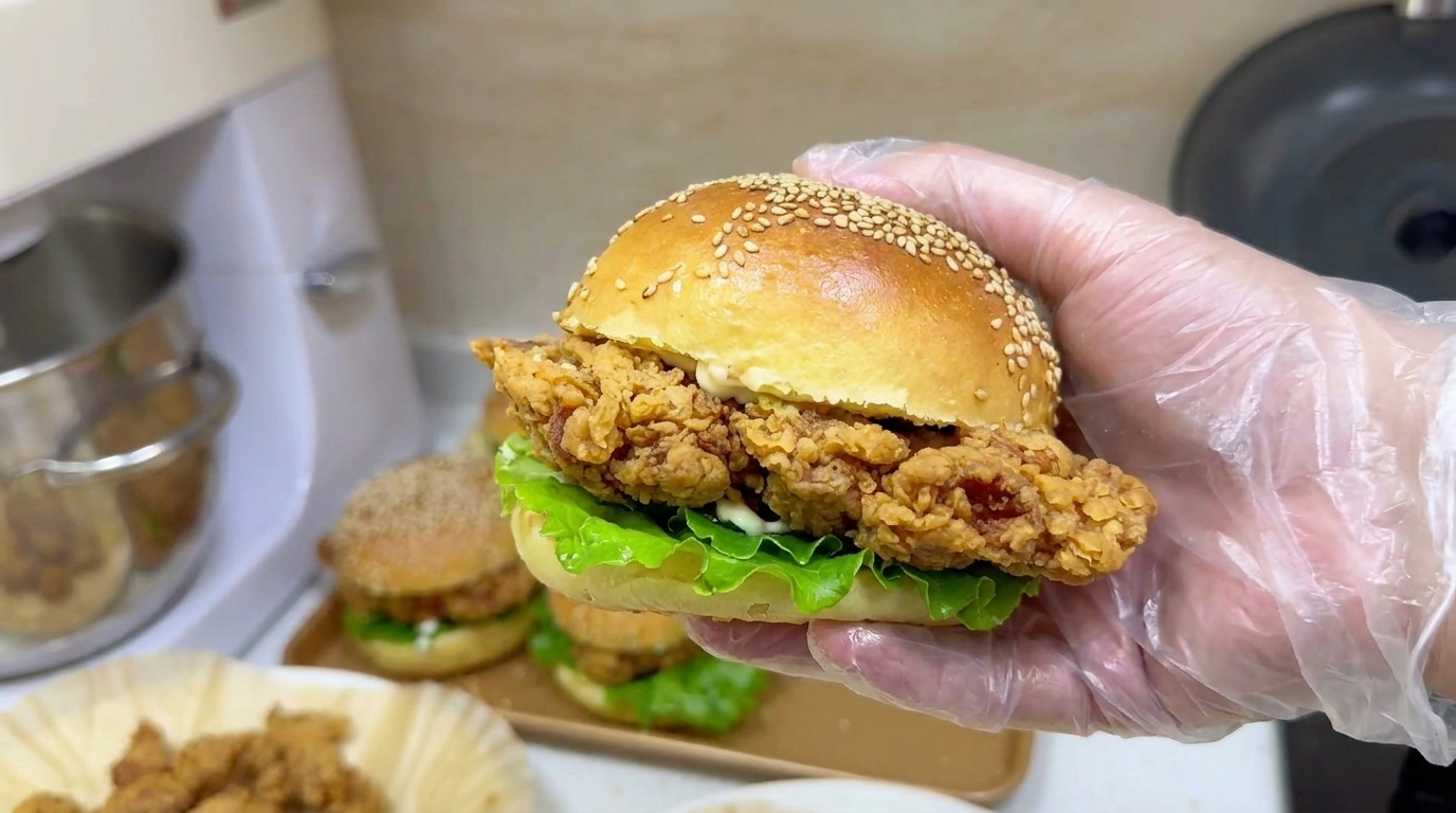 Hamburguesa de pollo frito crujiente y pollo palomita