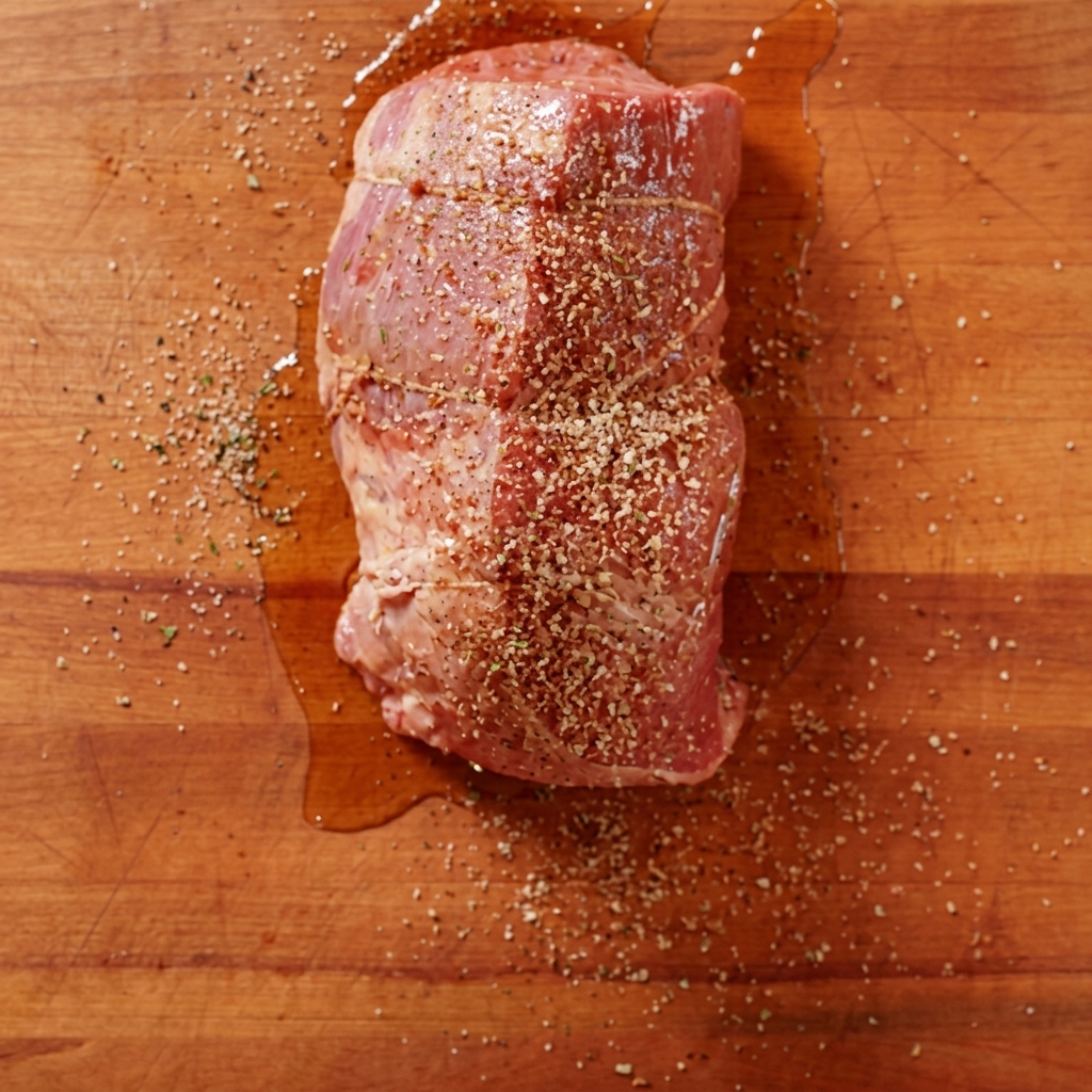 Carne cruda sazonada con hierbas y especias sobre una tabla de madera.