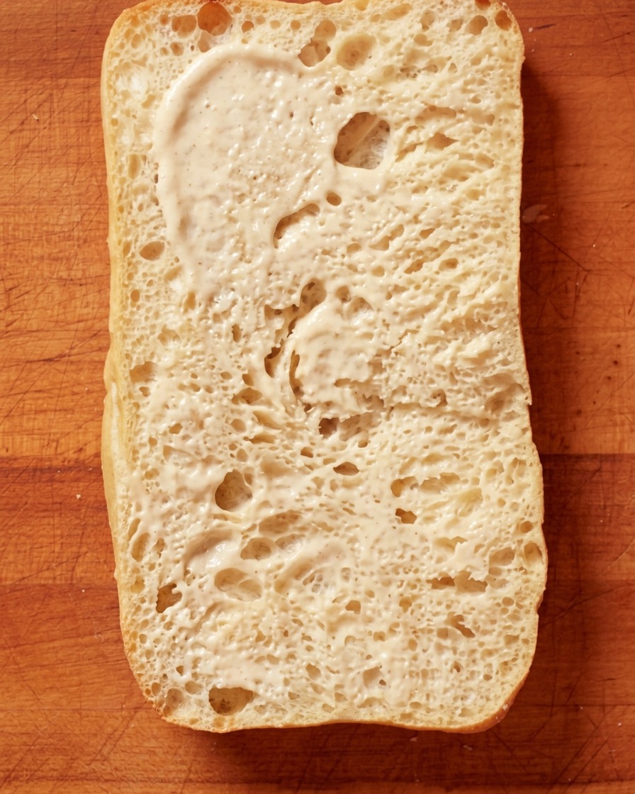 Salsa blanca cremosa siendo extendida sobre una rebanada de ciabatta tostada.