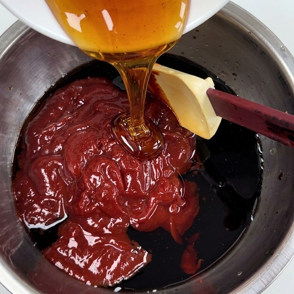 Maltosa siendo añadida a la mezcla de ingredientes de la salsa.