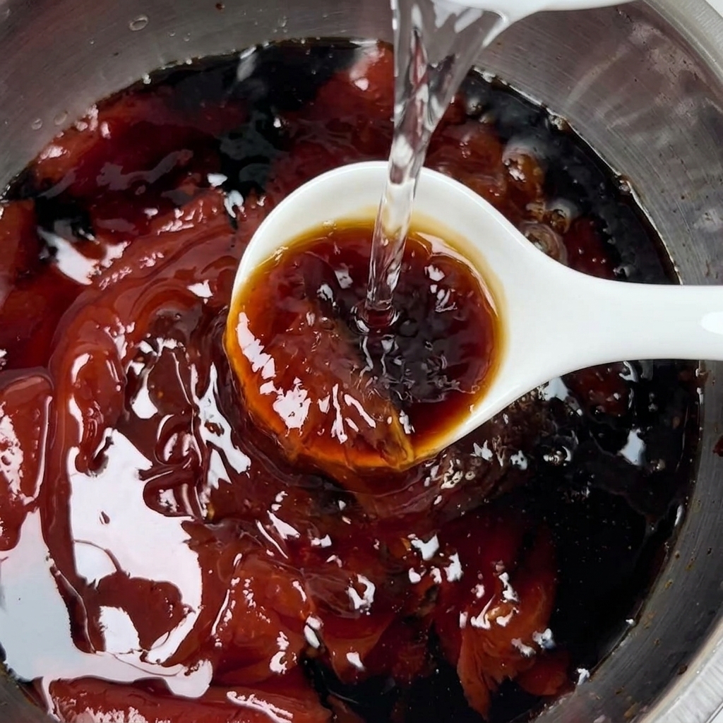 Agua clara siendo vertida en una mezcla de salsa oscura y rica en un cuenco.
