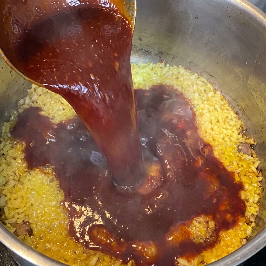 Salsa oscura y rica siendo vertida en una sartén con ajo salteado.