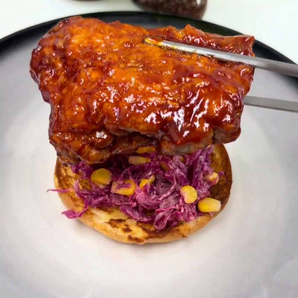 Pollo frito glaseado sobre una ensalada de col morada y maíz en un pan de hamburguesa.