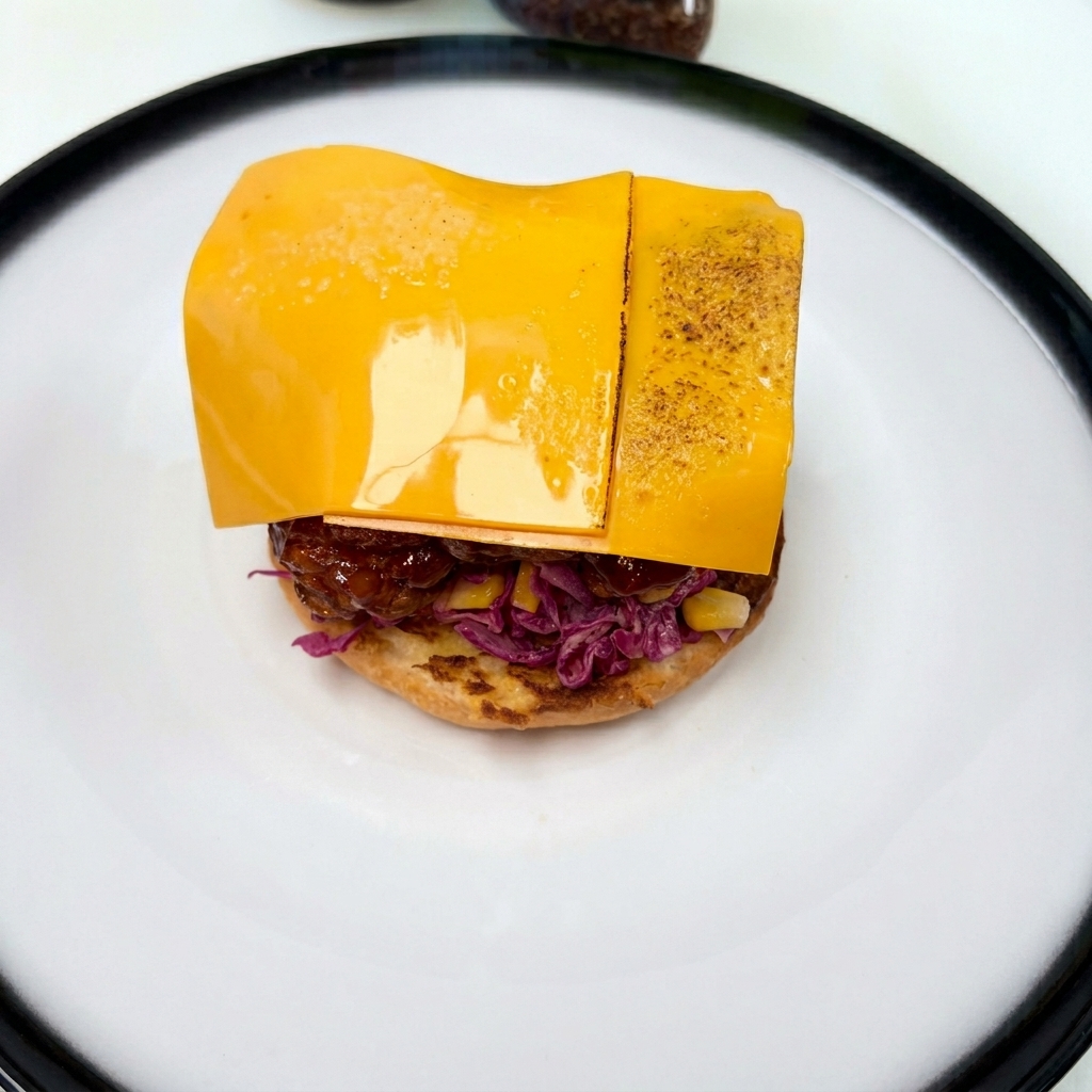 Una loncha de queso derritiéndose sobre el pollo con la llama de un soplete de cocina.