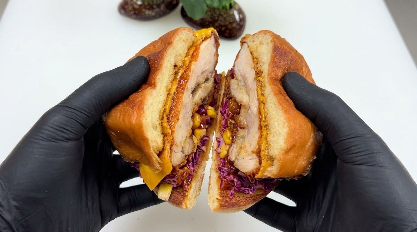 Una vista transversal de una hamburguesa de pollo frito estilo coreano con glaseado brillante de gochujang, queso fundido y una vibrante ensalada de col.