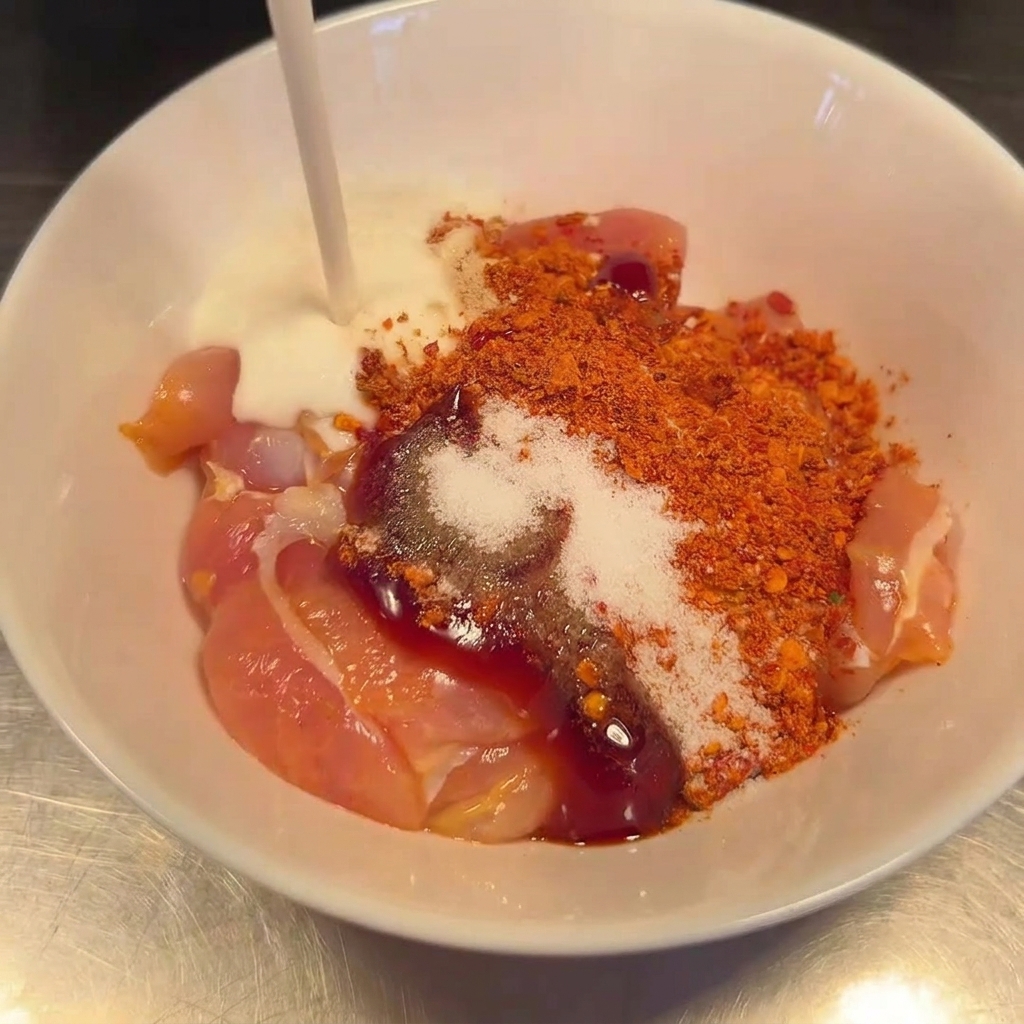 Yogur blanco espeso vertiéndose sobre muslos de pollo crudos condimentados con especias.