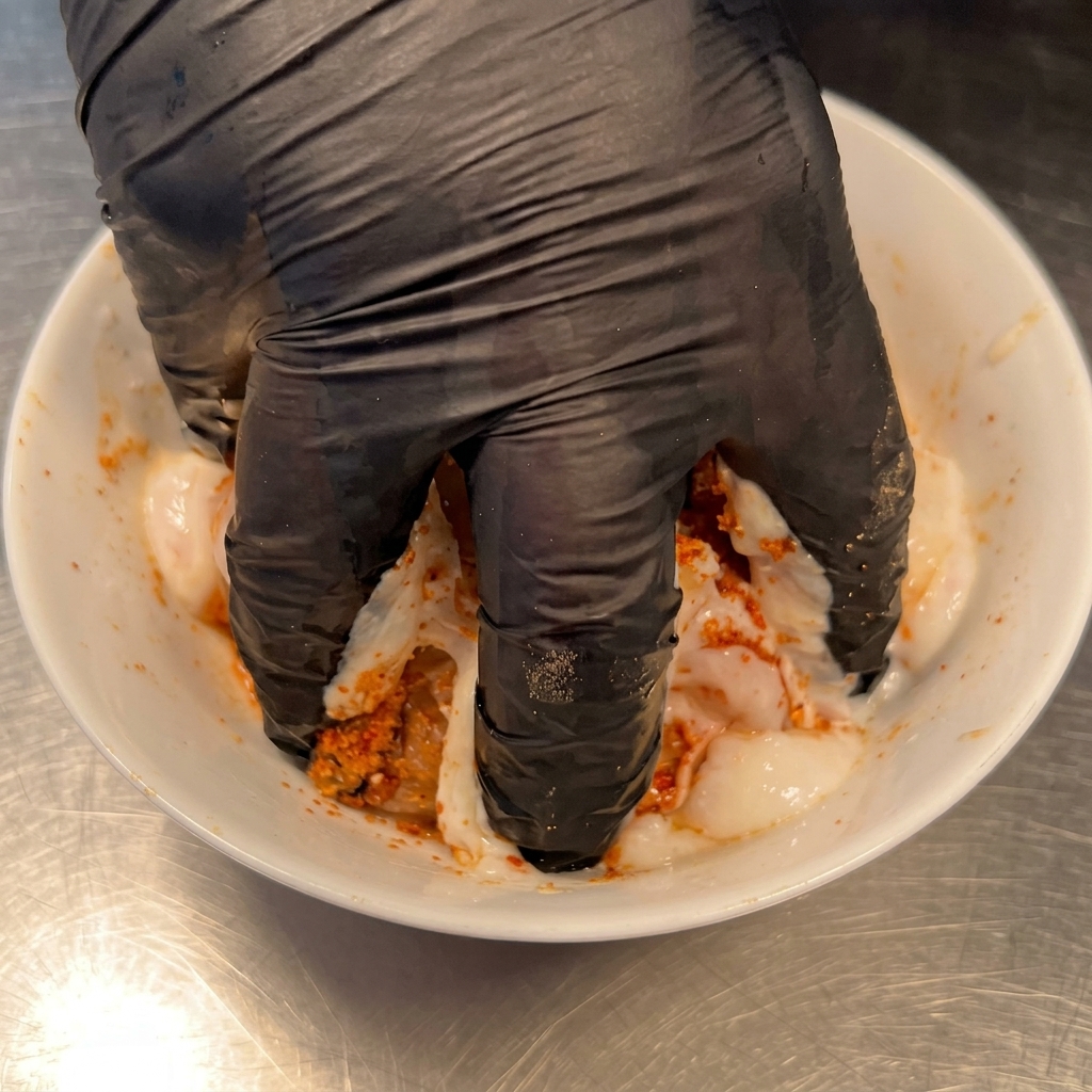 Manos masajeando a fondo el yogur y las especias en los muslos de pollo crudos.
