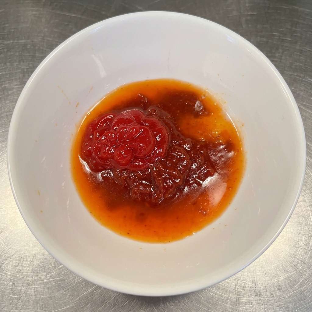 Una mezcla de salsa de chile coreano, kétchup, ajo picado y chile en polvo siendo revuelta en un tazón pequeño.