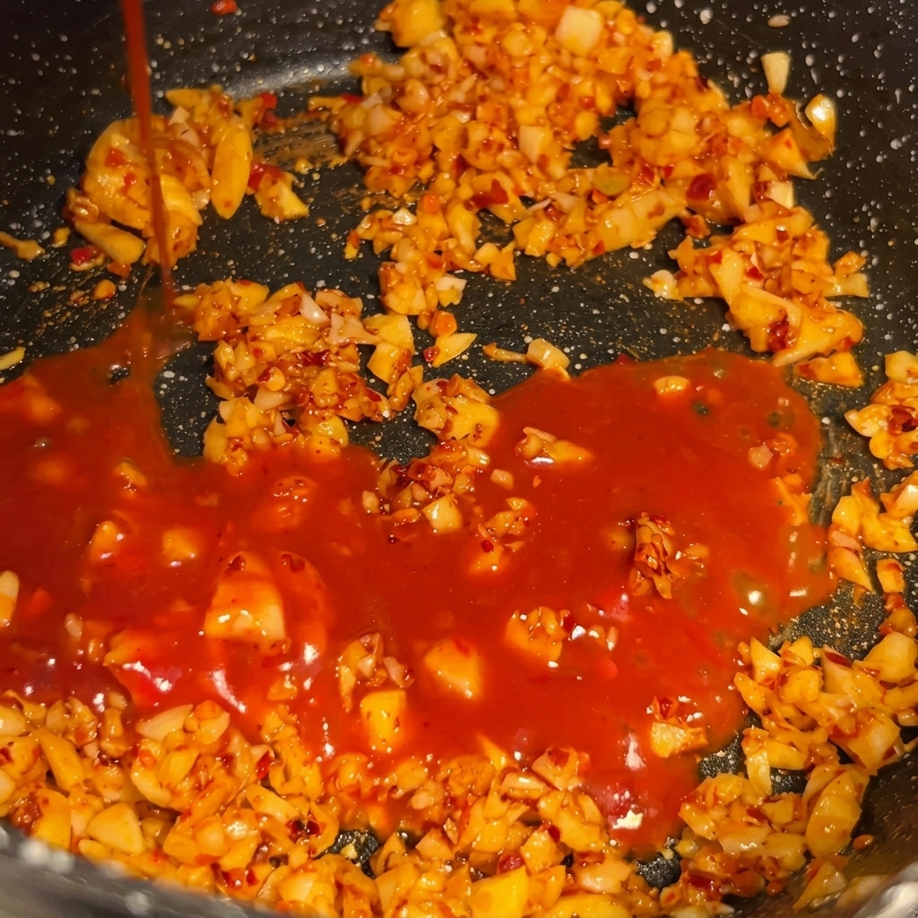 Pasta de chile rojo vertiéndose en la sartén con el ajo sofrito, lista para mezclarse con la crema.