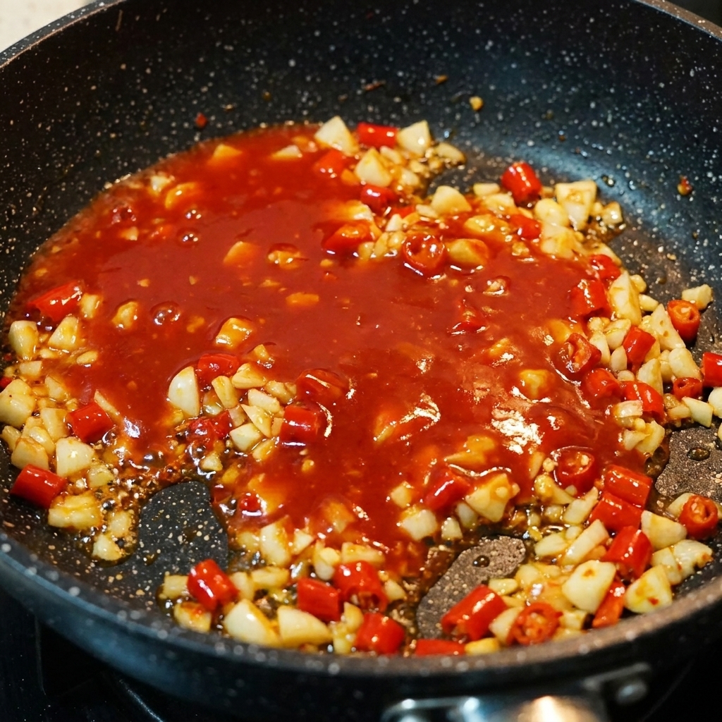 Crema de leche ligera vertiéndose en una sartén con una base de salsa de chile roja a fuego lento.