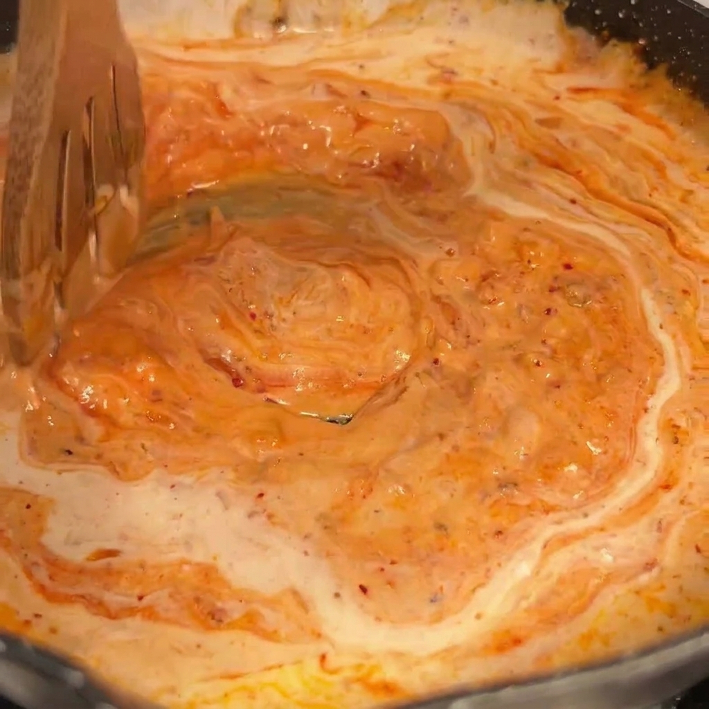 Salsa de chile cremosa de color naranja brillante siendo revuelta en una sartén con una cuchara de madera.