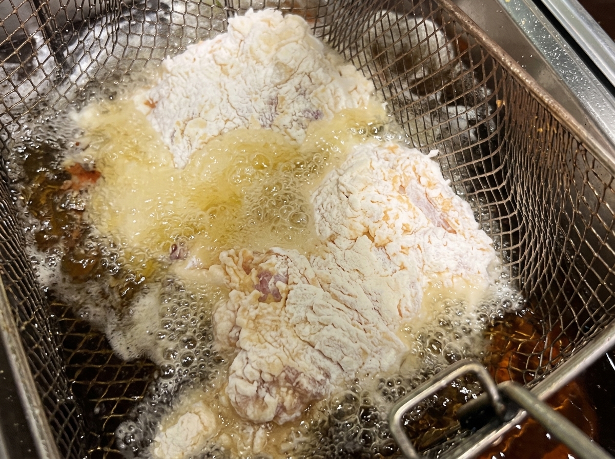 Trozos de pollo rebozado bajando a una canasta con aceite caliente y burbujeante.