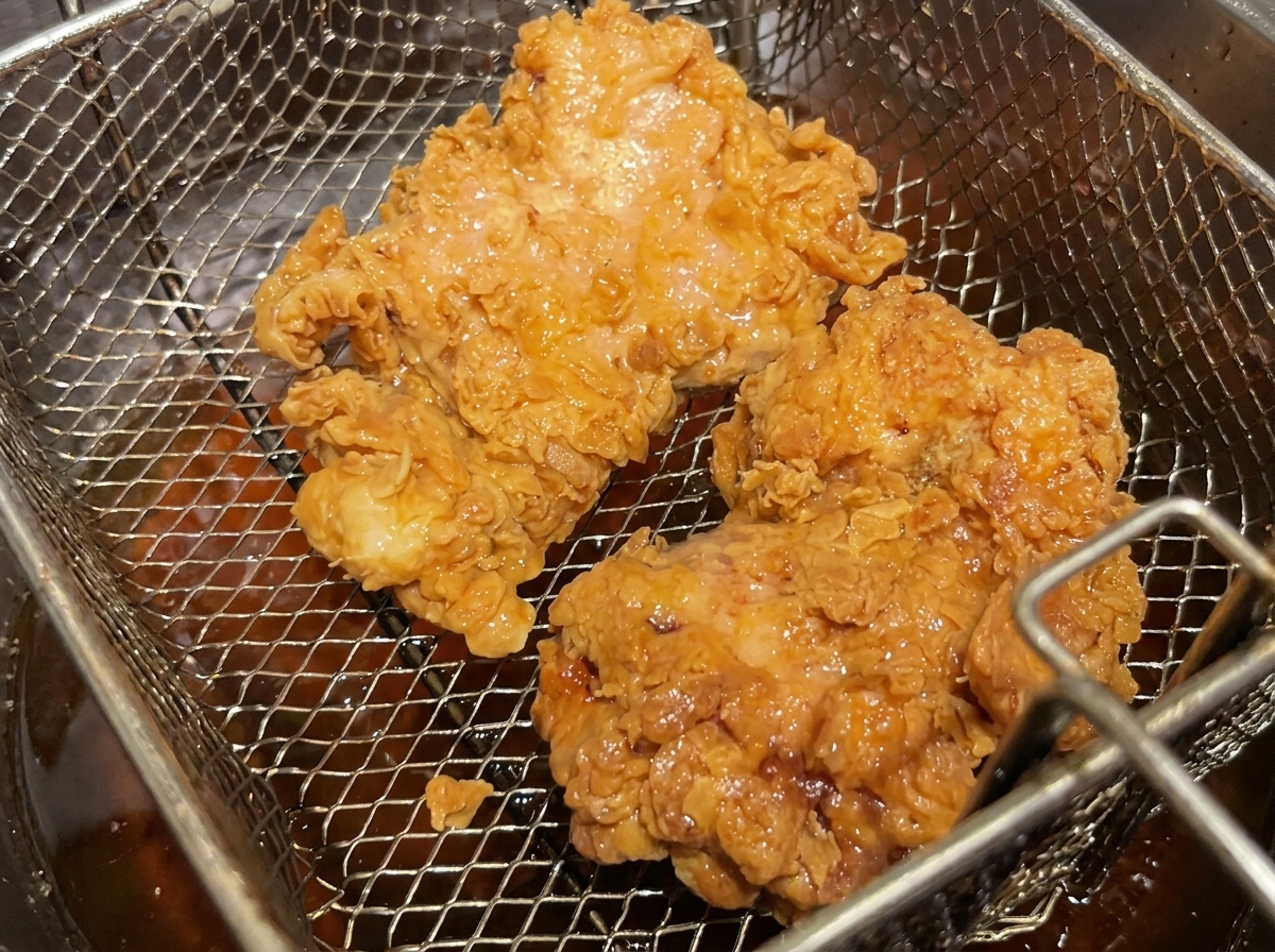 Dos trozos gruesos de pollo frito dorado y crujiente descansando en una canasta de metal.