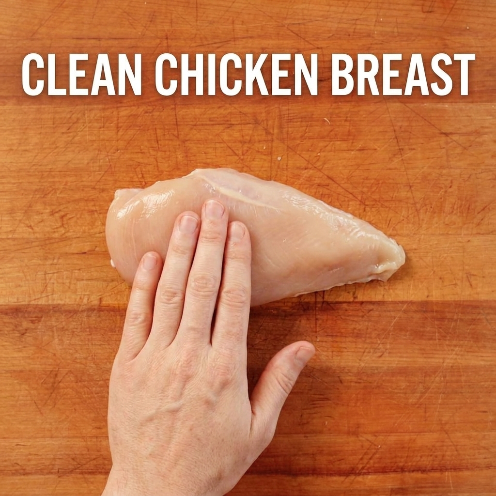 Pechugas de pollo frescas cortándose en una tabla de madera.