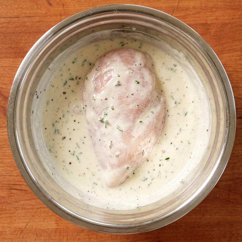 Trozos de pollo remojándose en un marinado lácteo con especias en un tazón.