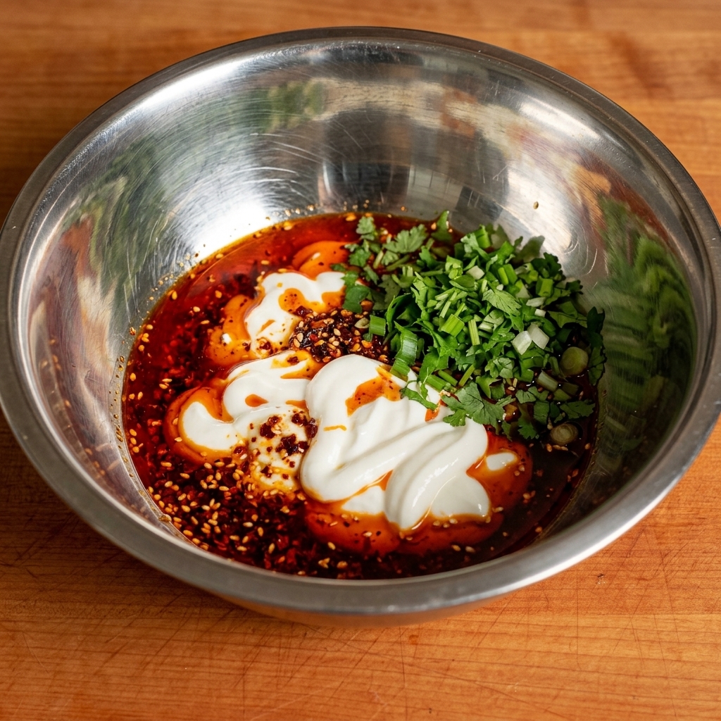 Una salsa cremosa siendo batida en un tazón con hierbas frescas y especias.