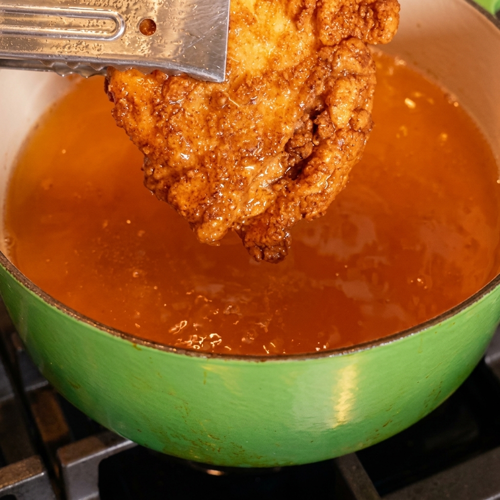 Un filete de pollo frito dorado siendo sostenido con pinzas y sumergido en un tazón de rica salsa secreta.