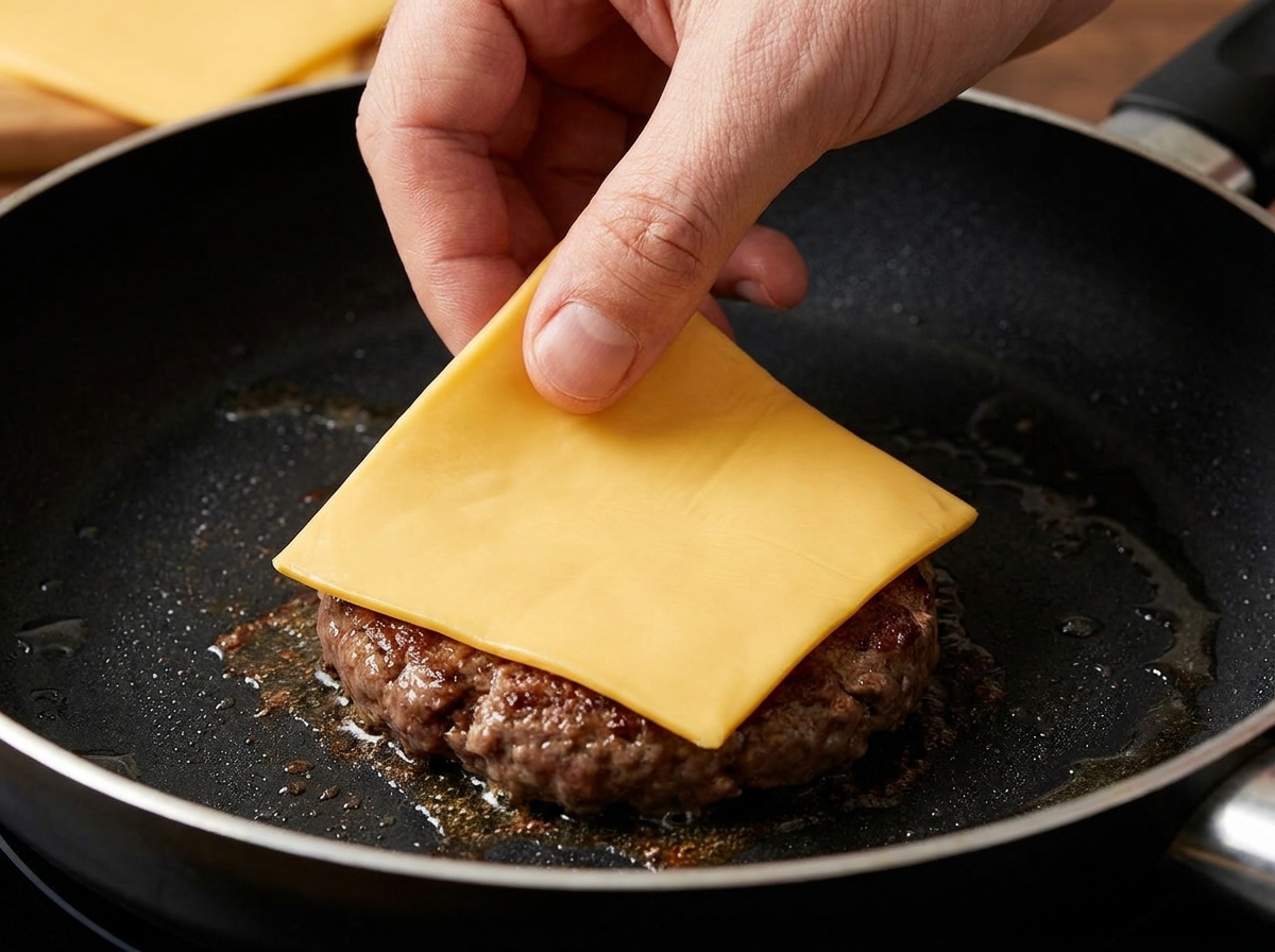 Una hamburguesa de carne cruda siendo colocada en una sartén caliente vacía.