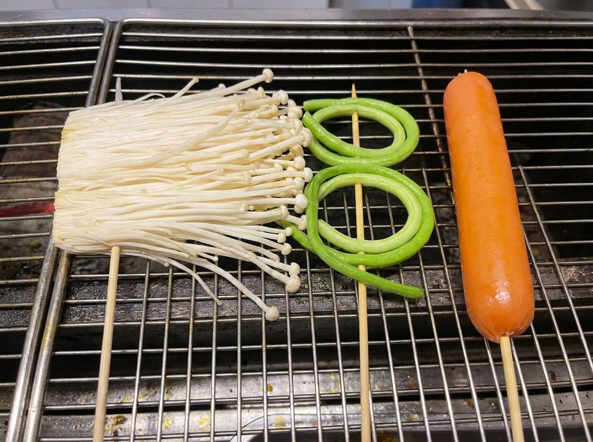 Setas enoki, cebollino de ajo atado y una salchicha cocinándose en la rejilla de una parrilla.