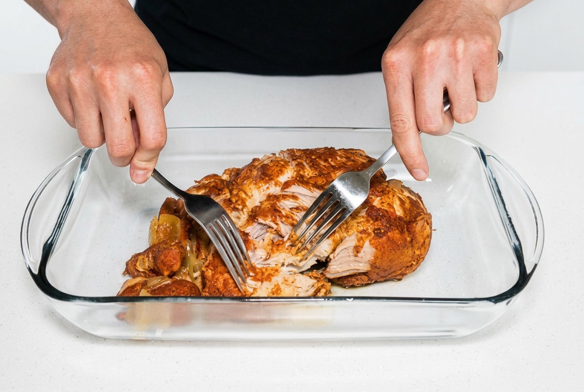 Cerdo cocinado siendo desmenuzado en un recipiente de vidrio con dos tenedores.