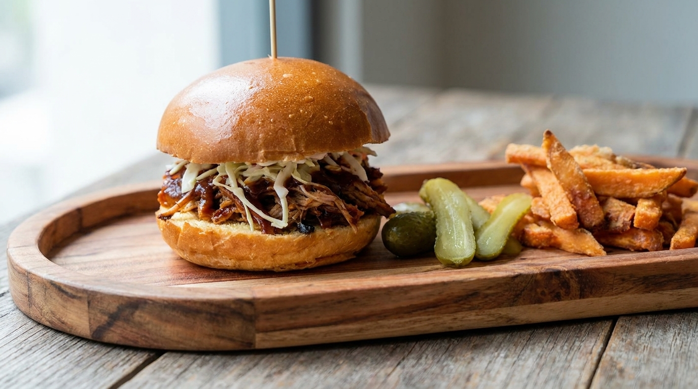 Una suculenta hamburguesa de cerdo desmechado con salsa BBQ y ensalada de col, acompañada de papas dulces fritas y pepinillos.