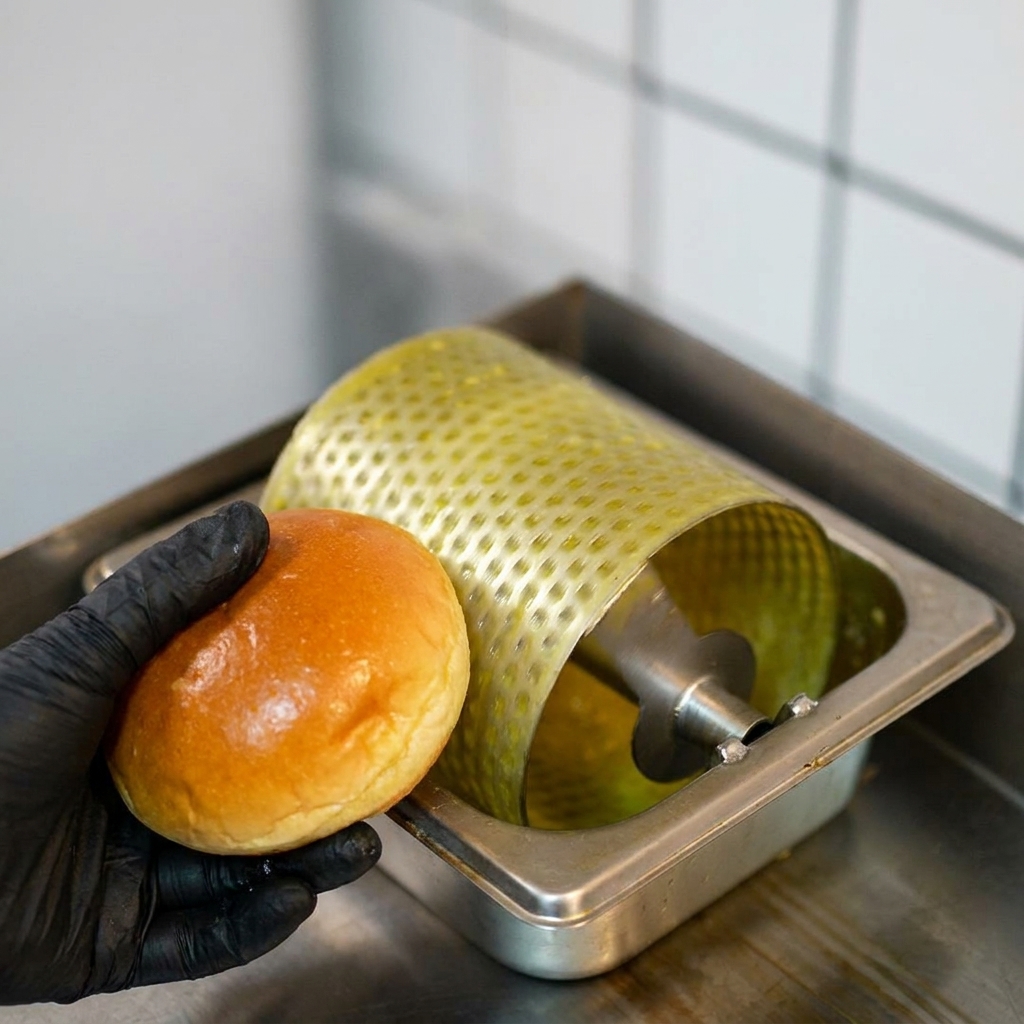 Mitades de pan brioche tostadas hasta quedar doradas en una plancha caliente.