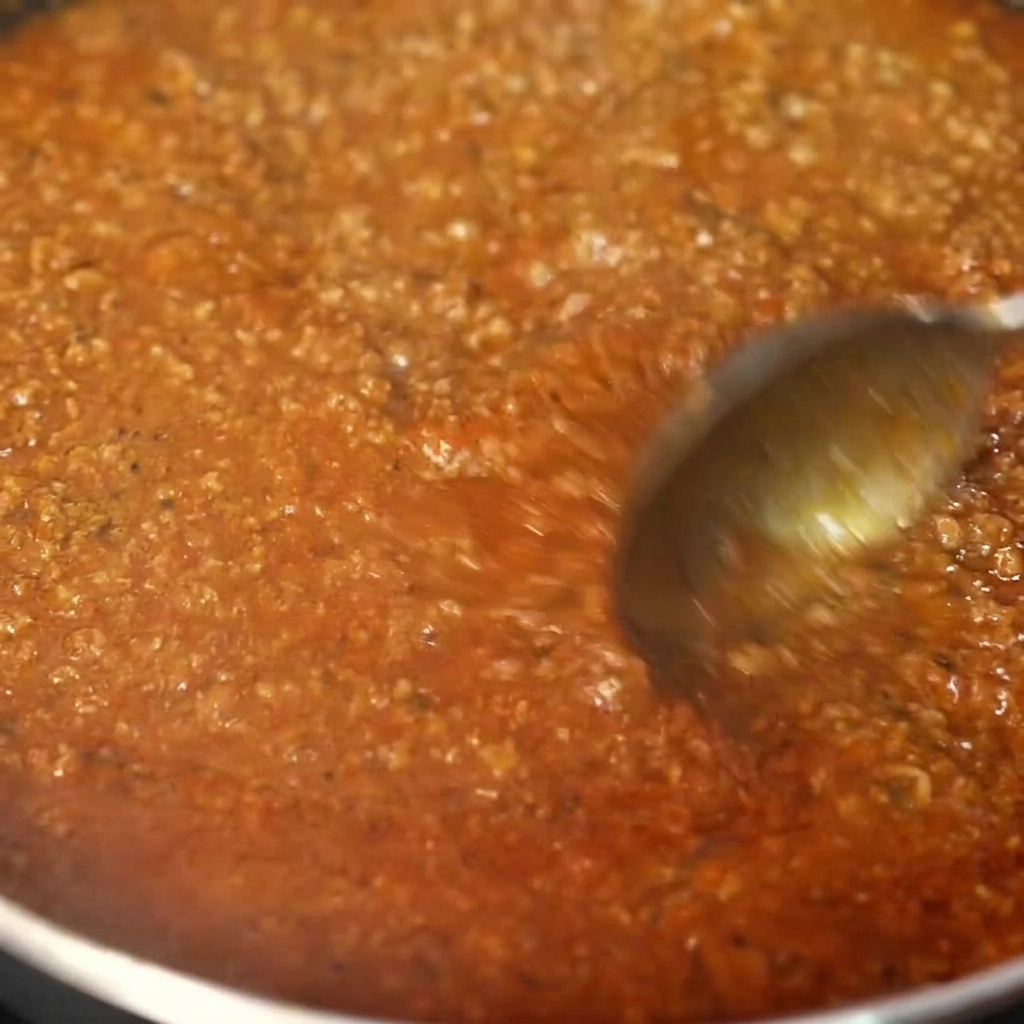 Salsa de chili con carne rica y espesa siendo servida sobre la hamburguesa.