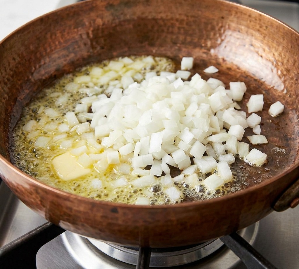 Cebolla picada cocinándose en una sartén de cobre con mantequilla derretida.