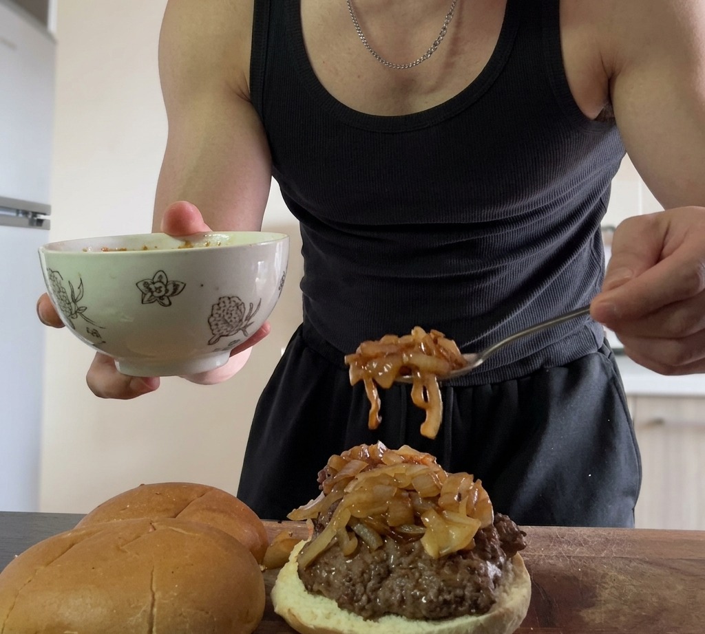 Un bol con una mezcla de salsa de soja, kétchup y otros ingredientes para la salsa del filete Hambagu.