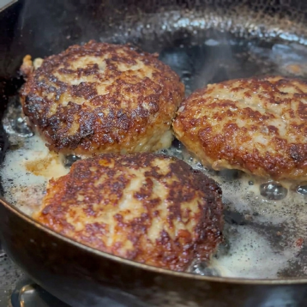 Hamburguesas cociéndose al vapor en una sartén tapada con un poco de agua.