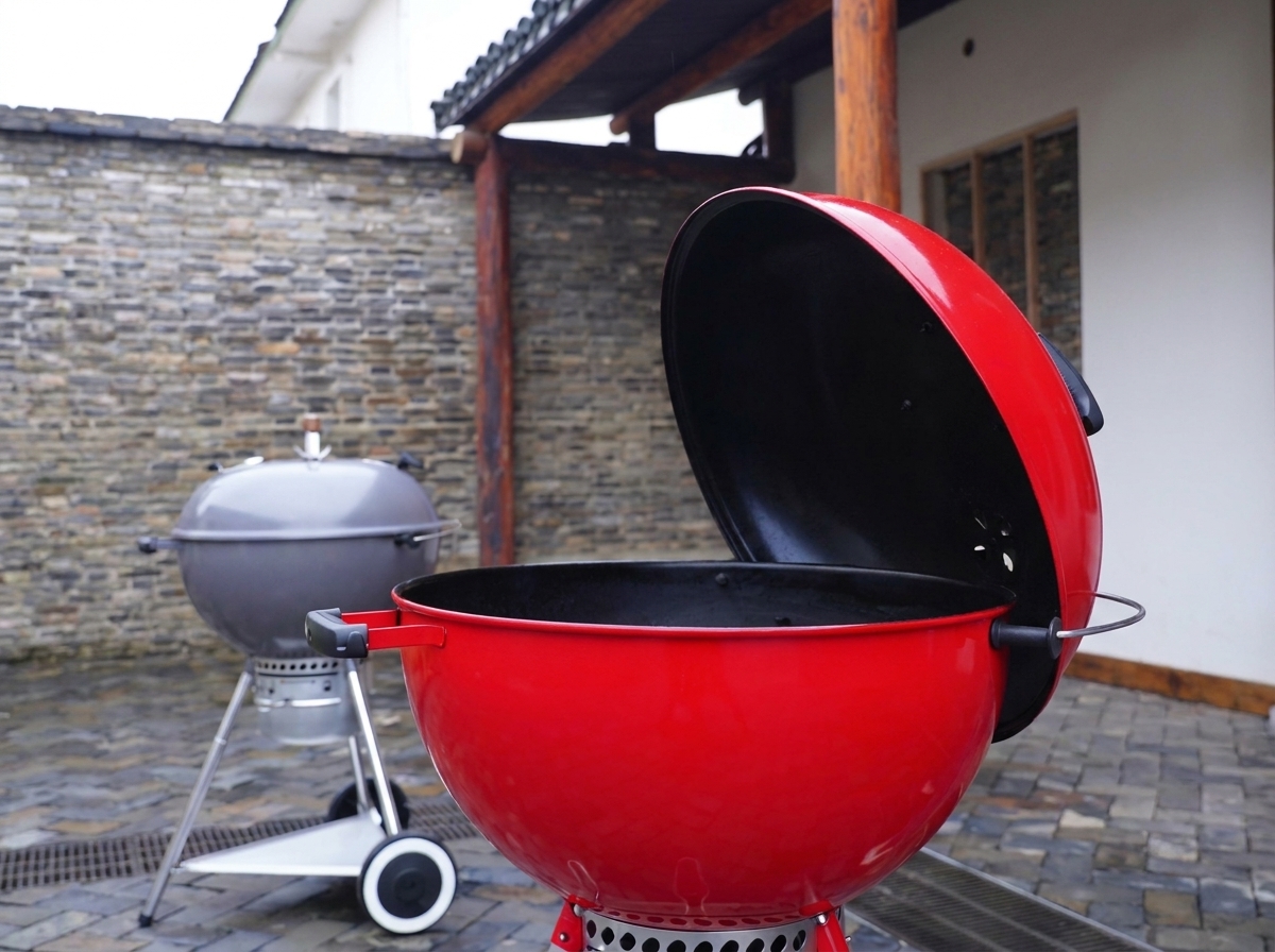 Costillas marinadas siendo colocadas en las rejillas internas de un ahumador de carbón rojo.