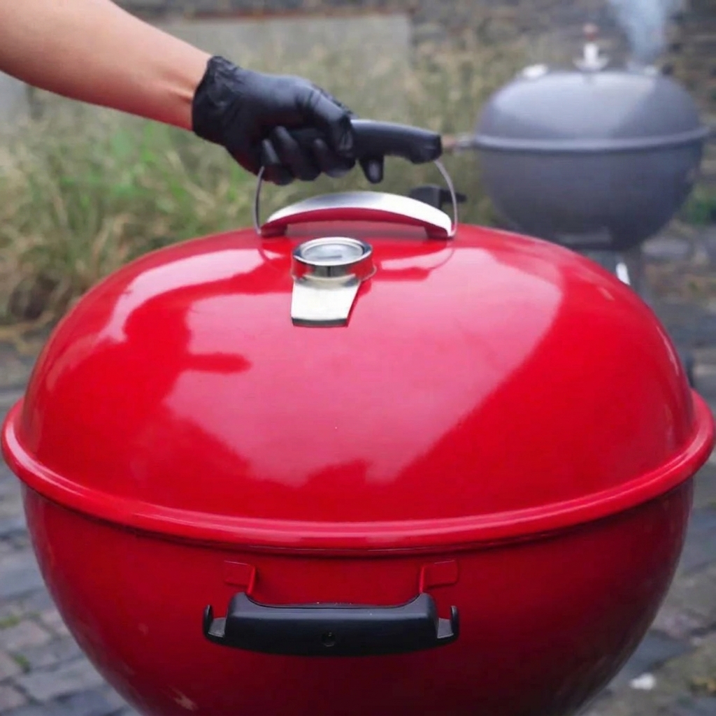 Un pincel aplicando una capa gruesa y brillante de glaseado rojo sobre las costillas ahumadas.