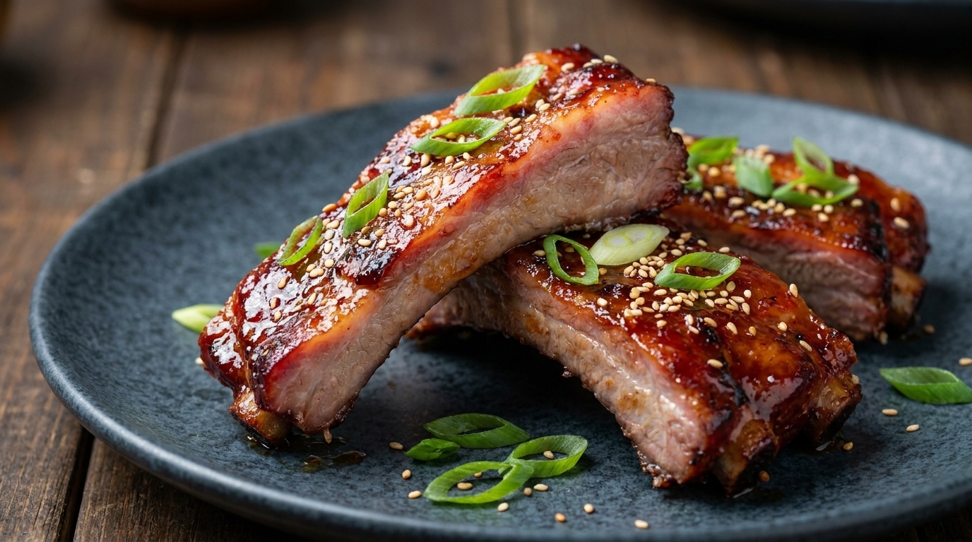 Suculentas costillas de cerdo ahumadas al estilo Char Siu con un brillante glaseado marrón rojizo, decoradas con semillas de sésamo tostadas y cebollino fresco.