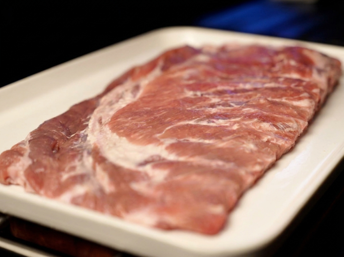 Un costillar de cerdo crudo sobre una bandeja blanca antes de sazonar.