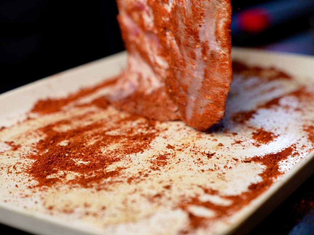 Una pieza de cerdo cubierta de especias rojas siendo levantada de una bandeja.