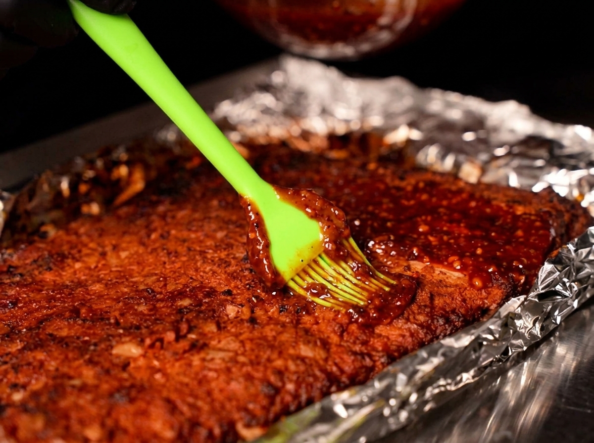 Una brocha de cocina aplicando un glaseado oscuro sobre las costillas horneadas.