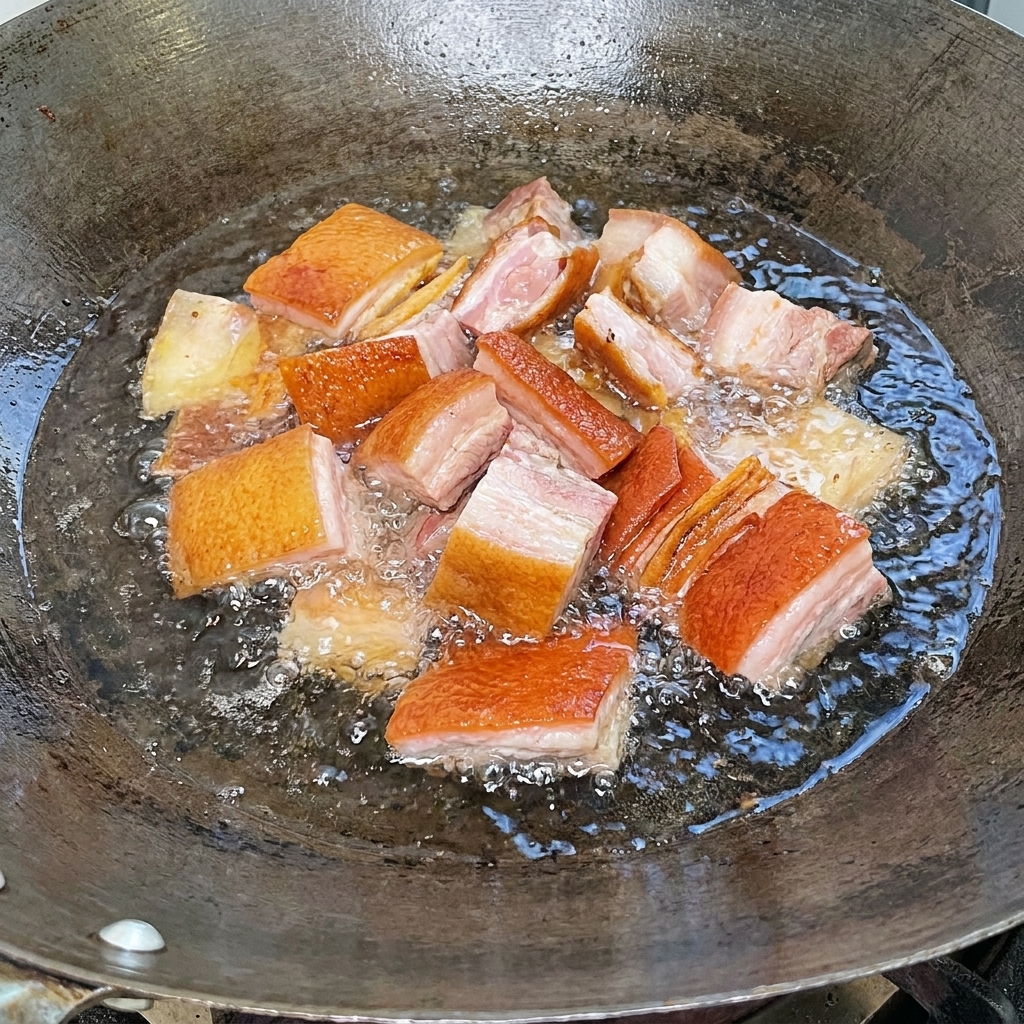 Trozos de costilla ahumada escaldándose en agua hirviendo en un wok grande.