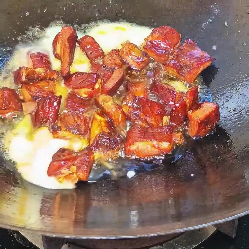 Cerveza vertiéndose en un wok caliente que contiene costillas ahumadas selladas, creando un líquido burbujeante.