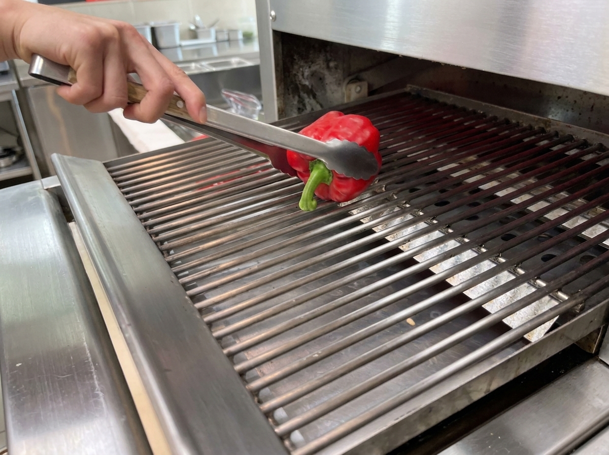 Pimientos rojos frescos sobre una parrilla caliente con la piel chamuscada y ampollada.