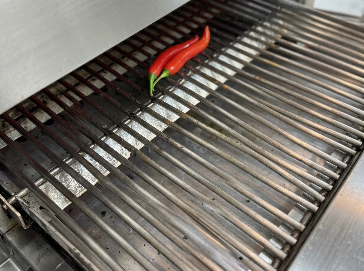 Chiles rojos asándose en la rejilla de la parrilla hasta que su piel está ampollada.