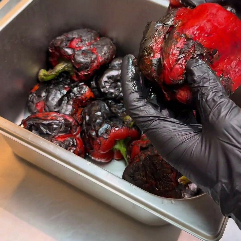 Pimiento rojo asado siendo pelado a mano para revelar la carne suave y cocinada.