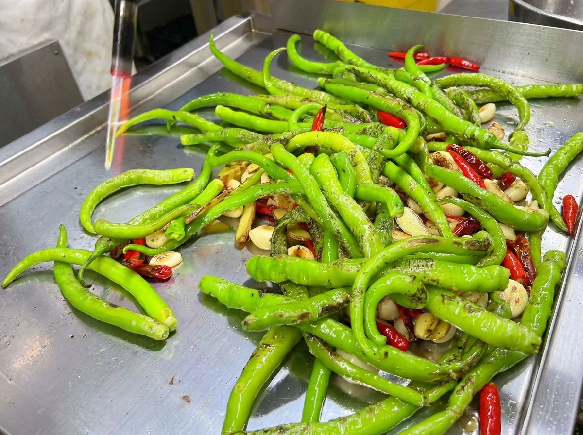 Un montón de chiles rojos y verdes sobre la plancha caliente junto al ajo.
