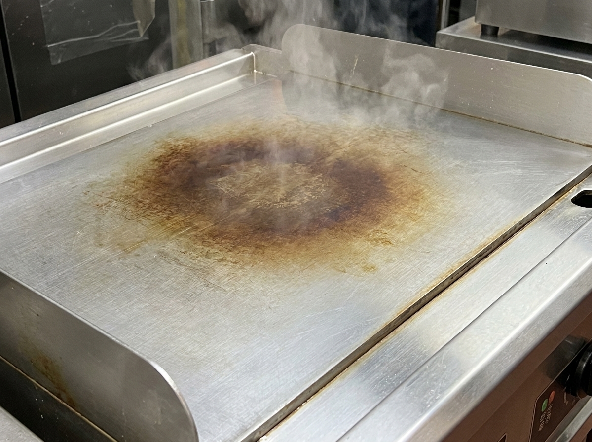Una espátula de metal mezclando los chiles y el jengibre sazonados sobre la plancha caliente.