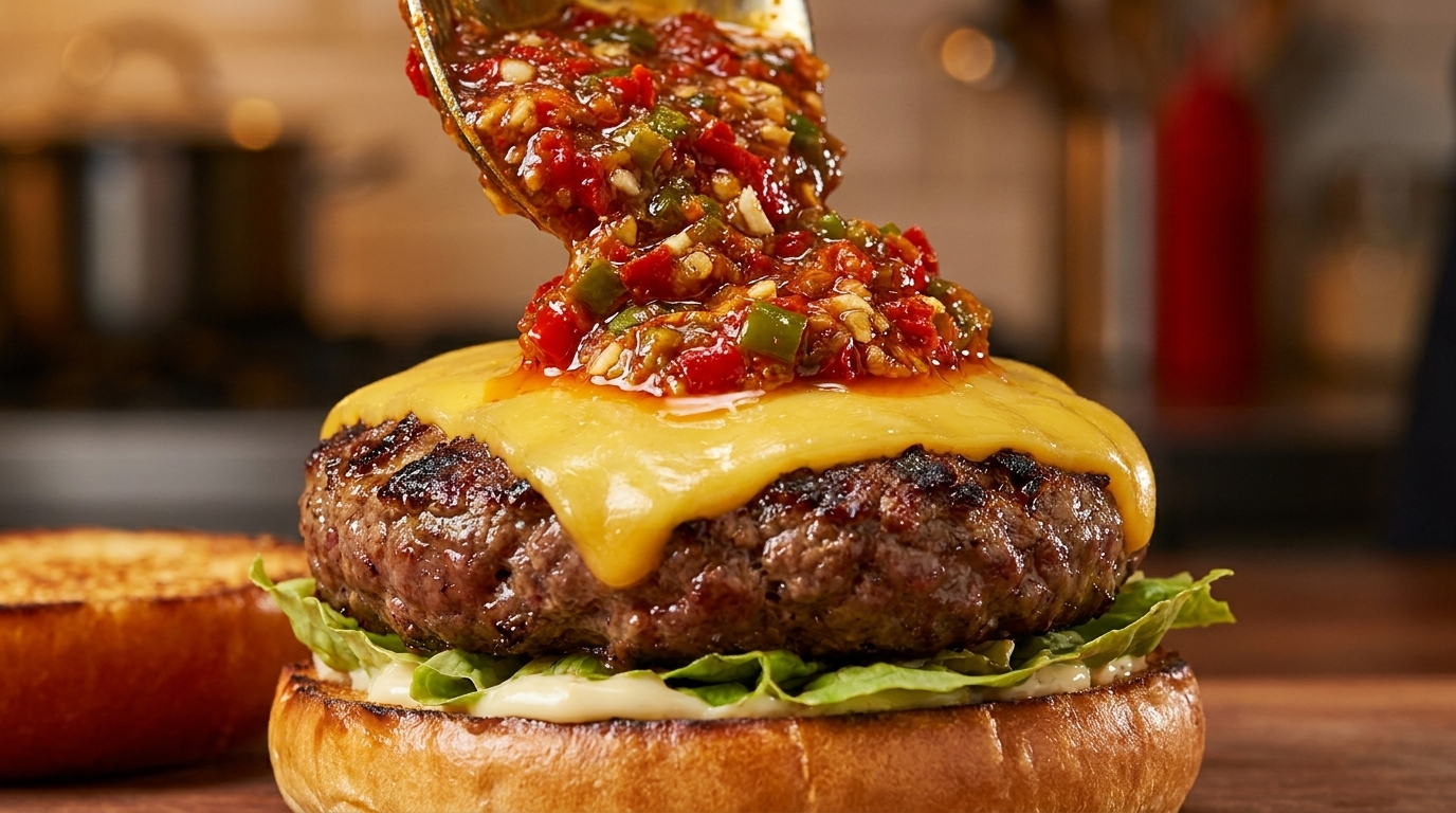 Una hamburguesa gourmet coronada con una vibrante salsa de chiles asados y queso amarillo fundido.