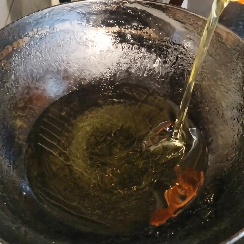 Ajo picado cayendo en el aceite caliente de un wok, empezando a chisporrotear.
