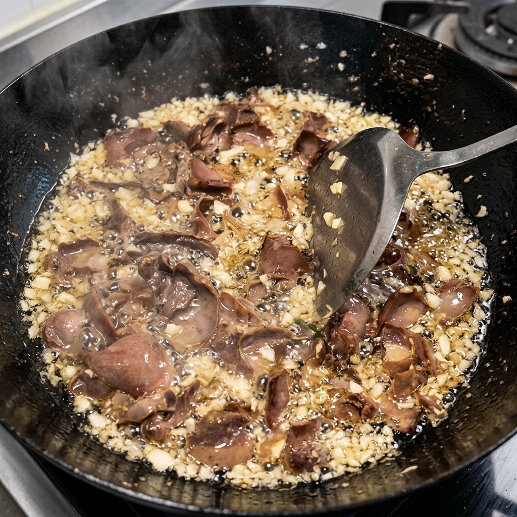 Jengibre picado y hojuelas de chile seco siendo añadidos a la mezcla de carne en el wok.